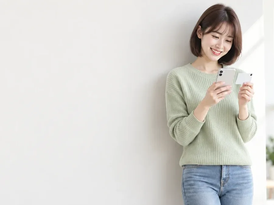 흰 벽 앞에서 휴대폰을 보는 연두 니트 여성
