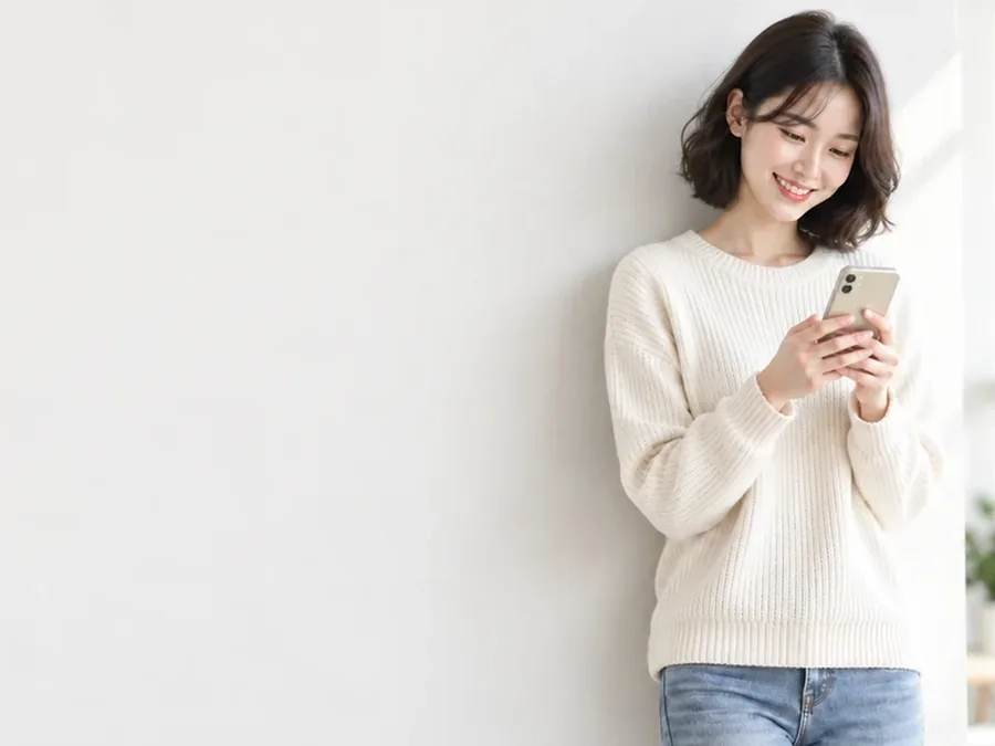 소액결제 개통 뒤 한도 휴대폰을 보며 웃는 여성 24시 바로