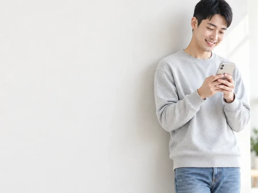 휴대폰을 보며 웃는 회색 니트 남성