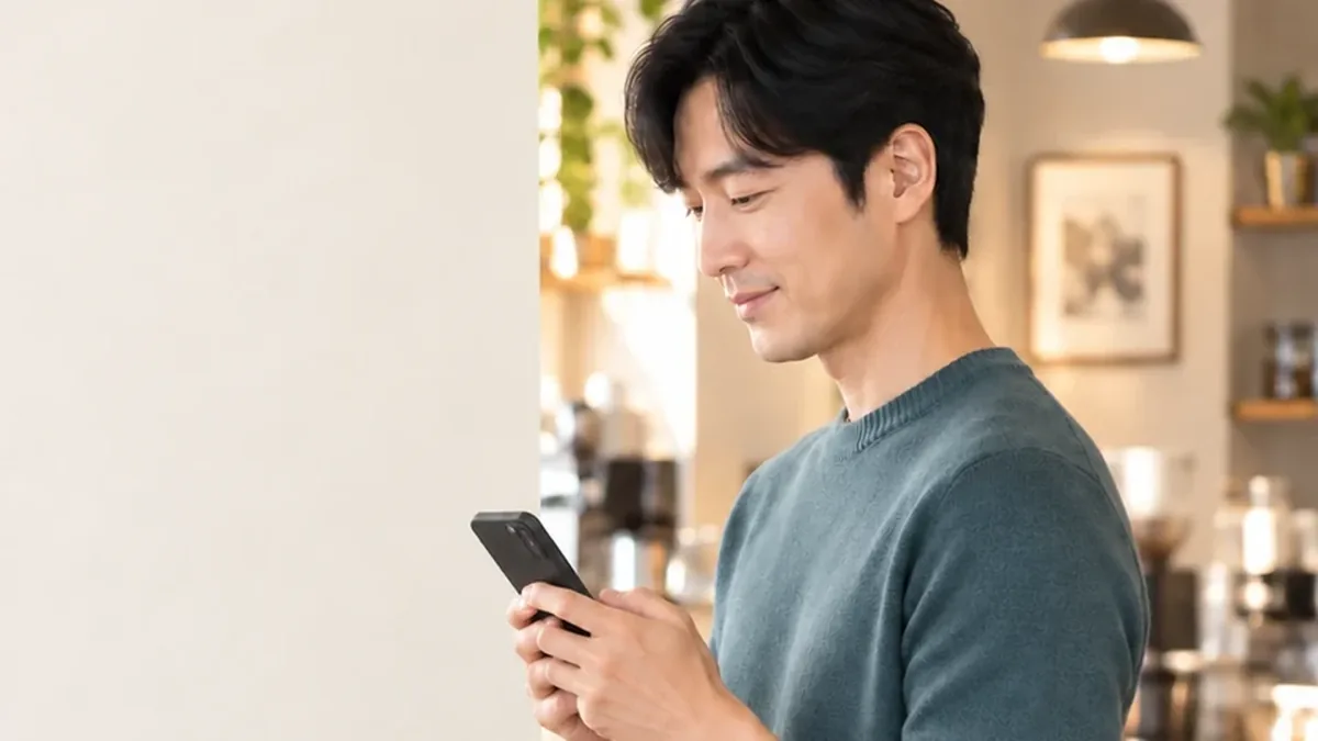 휴대폰을 보는 초록 티셔츠 남성
