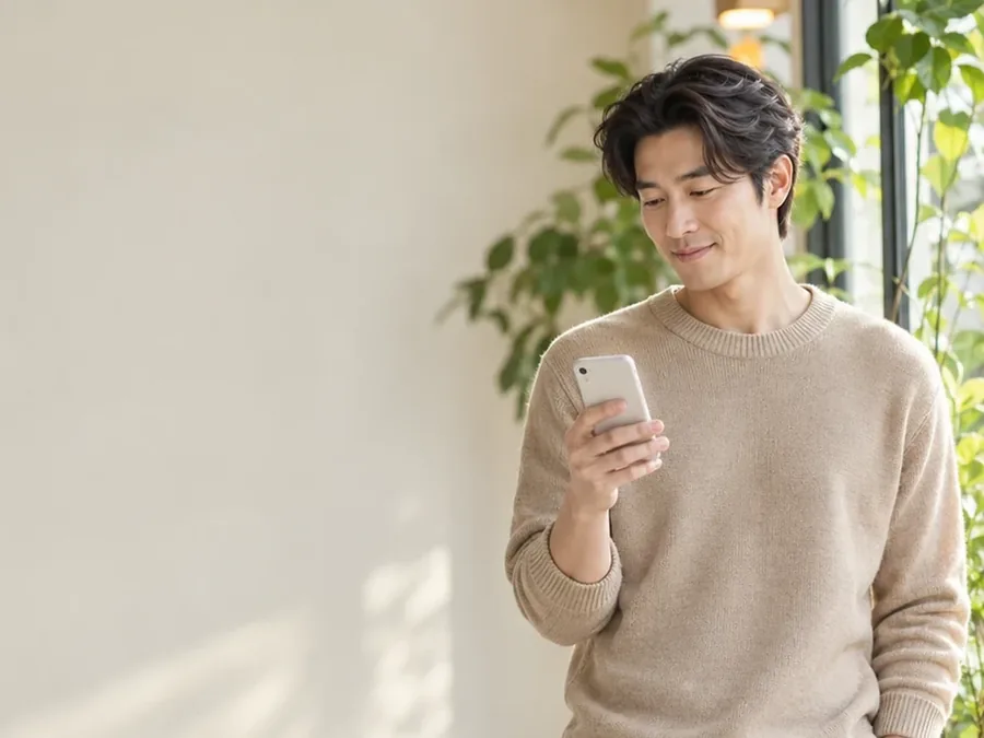 휴대폰을 보는 니트 차림 남성