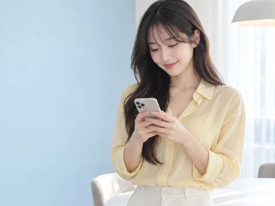 휴대폰을 보며 웃는 노란 셔츠 여성