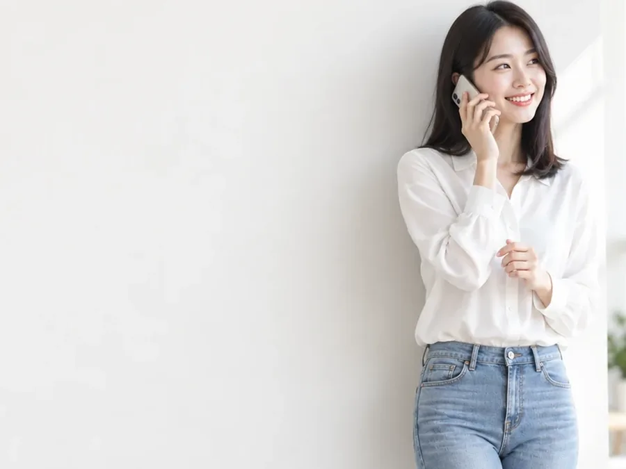 휴대폰으로 통화하는 흰 셔츠 여성