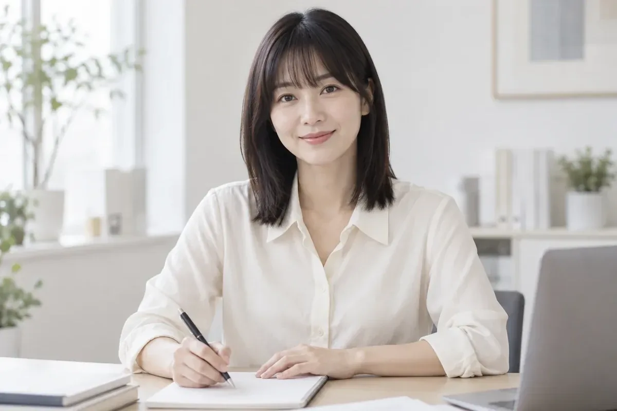 소액결제현금화 노트북 옆에서 메모를 적으며 웃는 여성 24시 바로