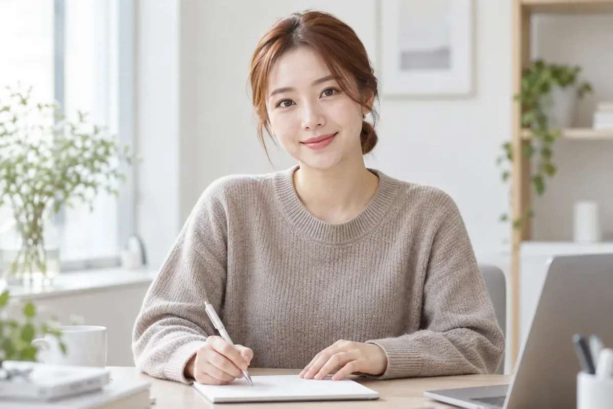 통신사별 소액결제현금화 노트에 적으며 웃는 니트 차림 여성 24시 바로