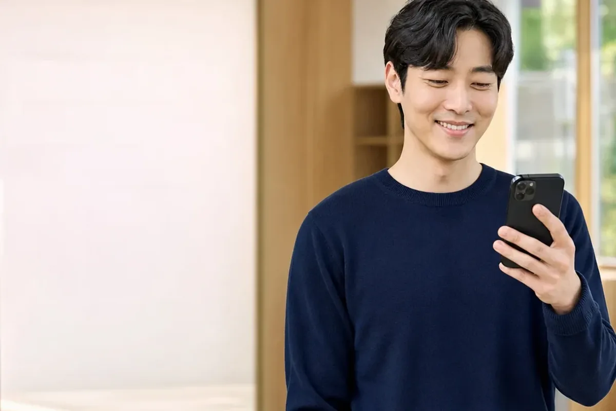 SKT 소액결제현금화 휴대폰을 들고 웃는 남색 니트 남성 24시 바로