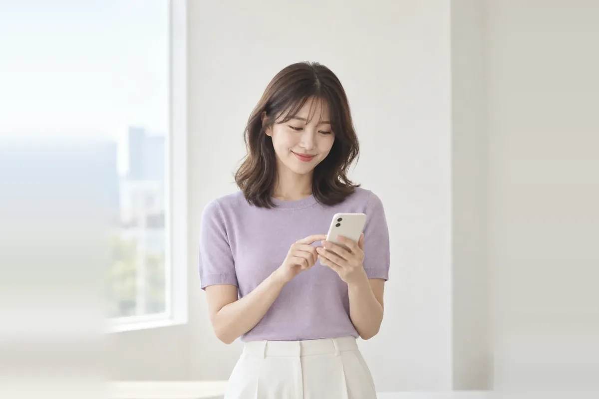 LG U+ 소액결제현금화 휴대폰을 들고 선 회색 티셔츠 여성 24시 바로