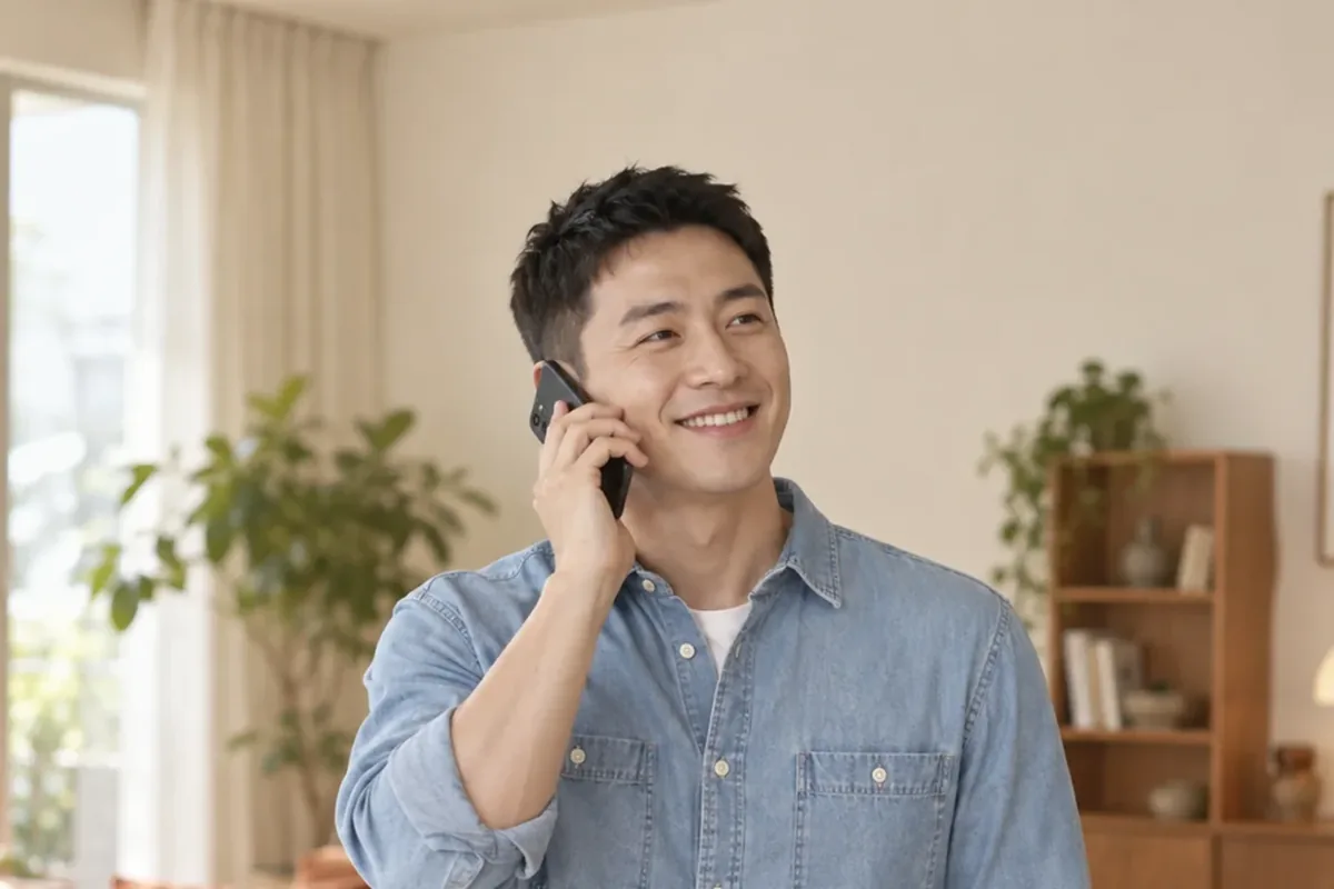 소액결제 미납 휴대폰으로 통화하며 웃는 데님 셔츠 남성 24시 바로