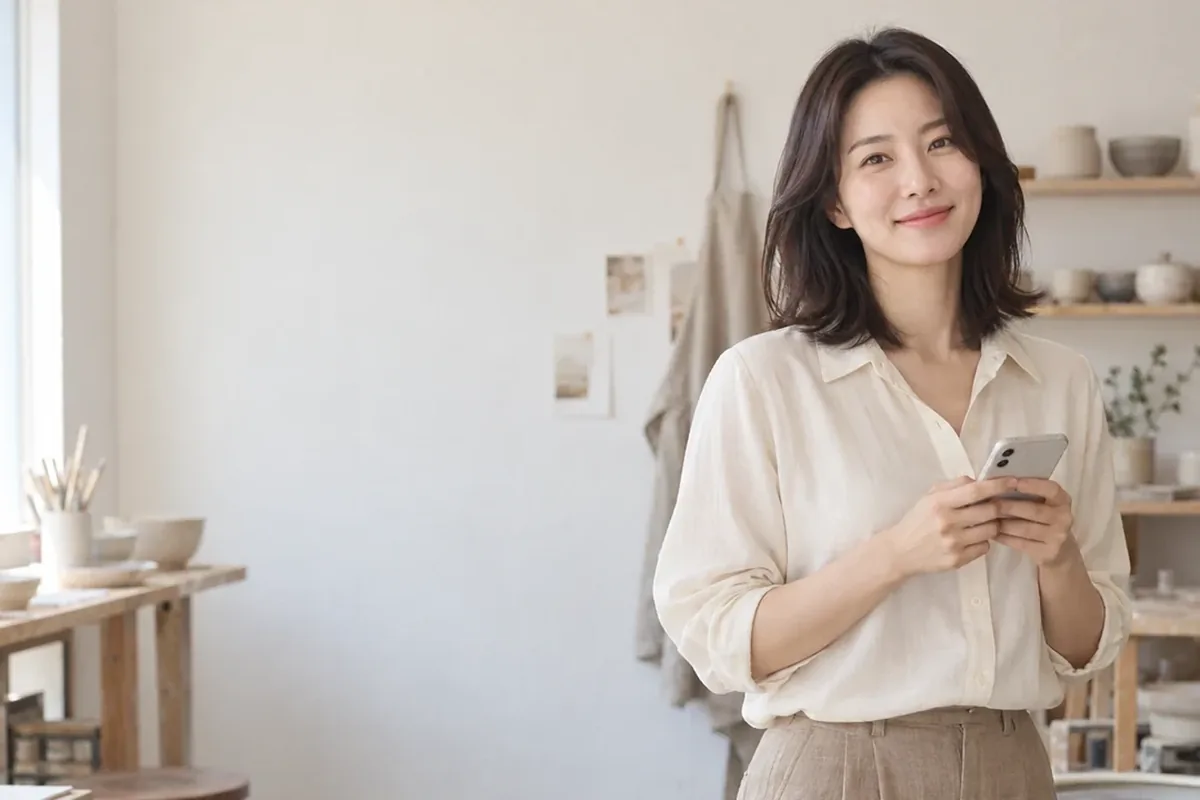 소액결제 미납 납부 뒤 휴대폰을 들고 선 셔츠 차림 여성 24시 바로
