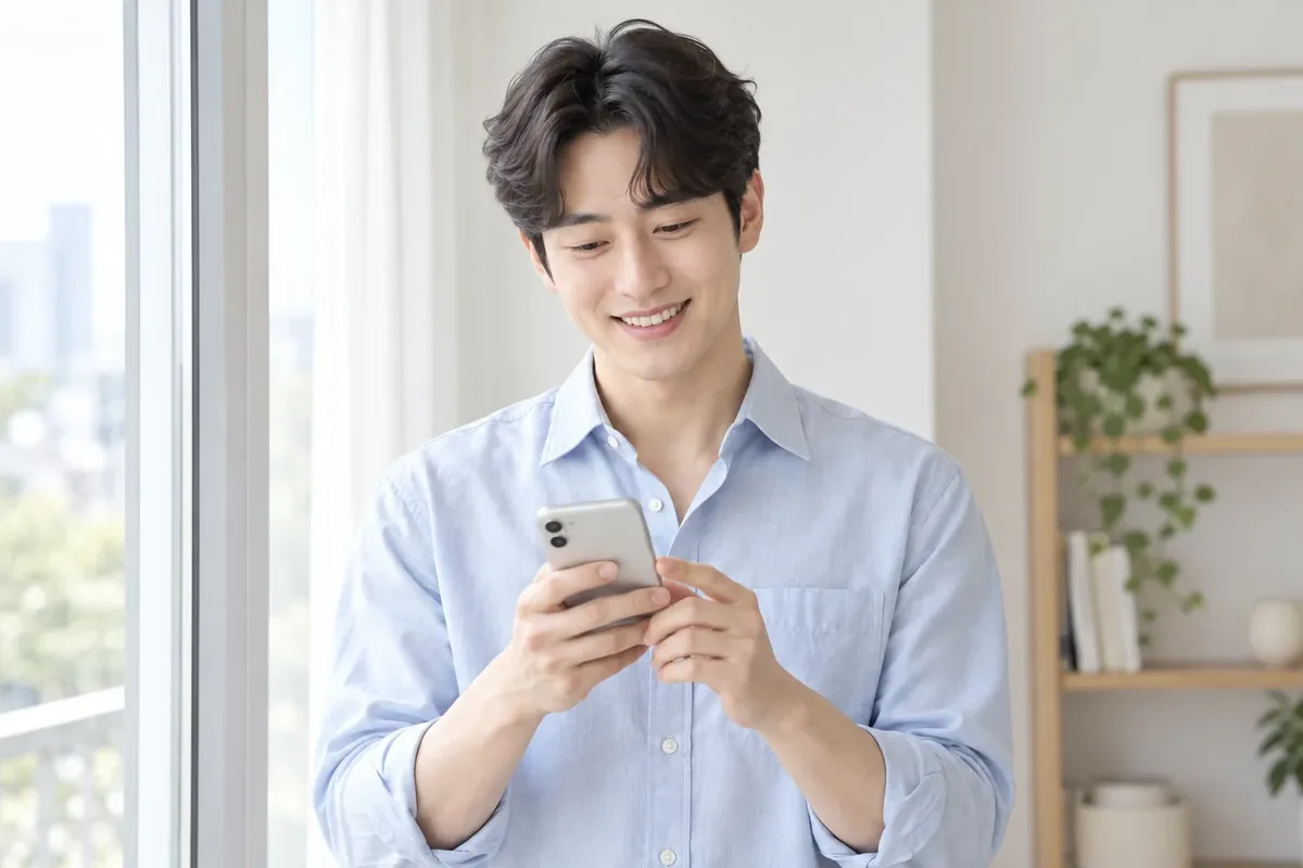 소액결제 정책 휴대폰을 보며 웃는 하늘색 셔츠 남성 24시 바로