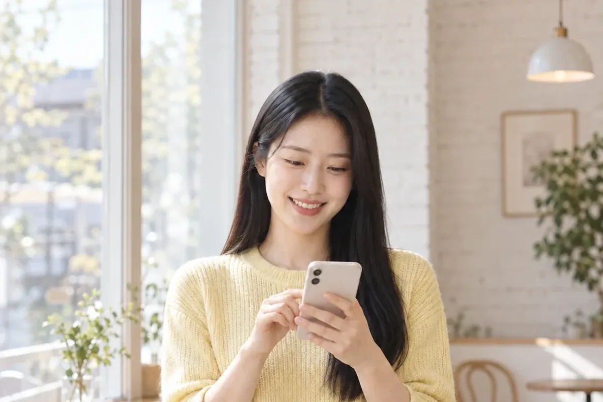 소액결제 한도 확인 휴대폰을 보며 웃는 노란 니트 여성 24시 바로