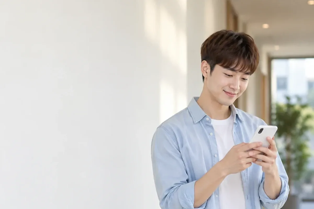 소액결제 한도 올리기 휴대폰을 보는 하늘색 셔츠 남성 24시 바로